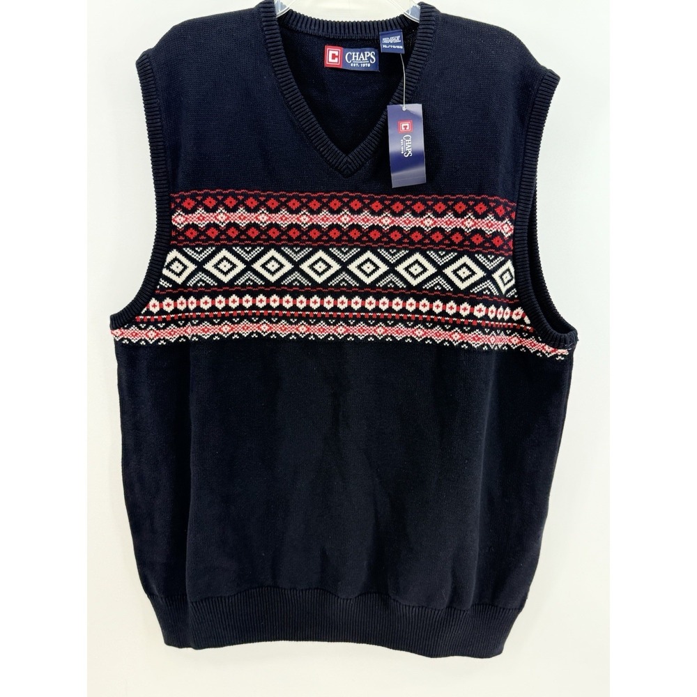 Chaps Mens Sweater Vest Navy Blue Fair Isle Cotton V-Neck Sleeveless XL 64302RH
